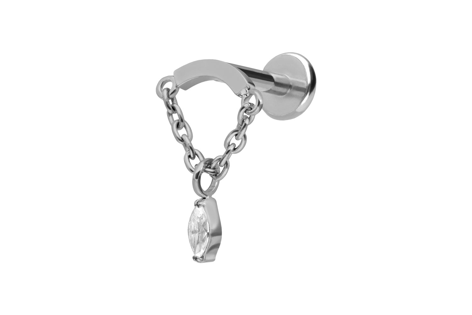 Titan Labret Piercing mit Push Fit BOGEN + KETTE + KRISTALLTROPFEN